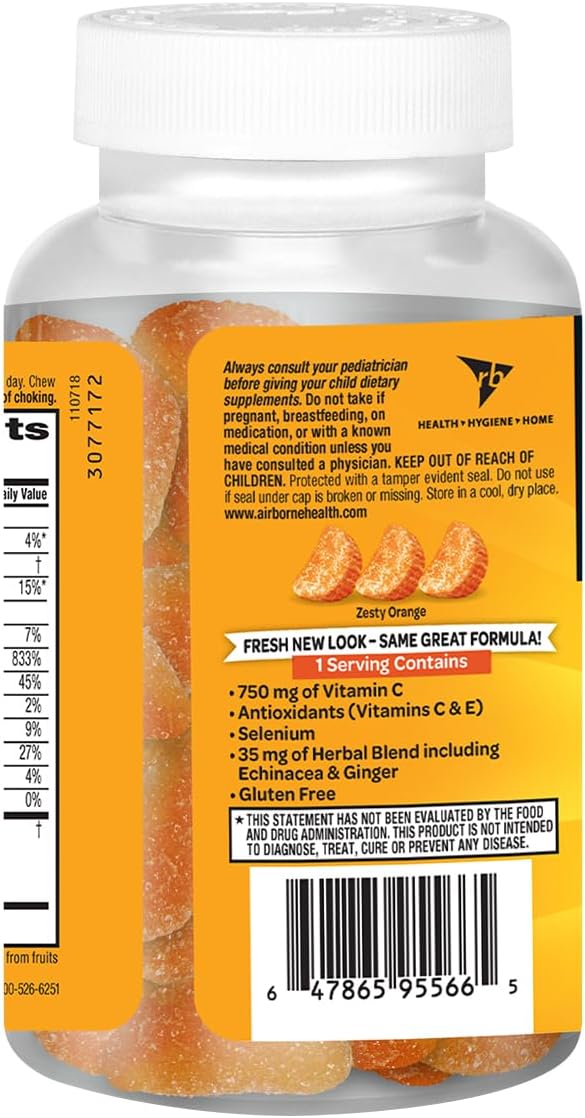 Airborne 750mg Vitamin C Immune Support Supplement Gummies for Adults Zesty Orange Flavor Gluten Free Crafted Blend with Powerful Antioxidants Vitamins C &amp E 42 Gummies (3 Pack)