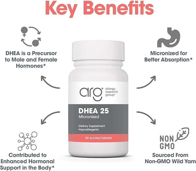 Allergy Research Group ARG DHEA 25 Micronized Lipid Matrix - Supports Hormone Balance &amp Brain Function - Delivers 25 mg DHEA - Micronized &amp Plant Sourced - Hypoallergenic - 60 Servings - 60 Ca