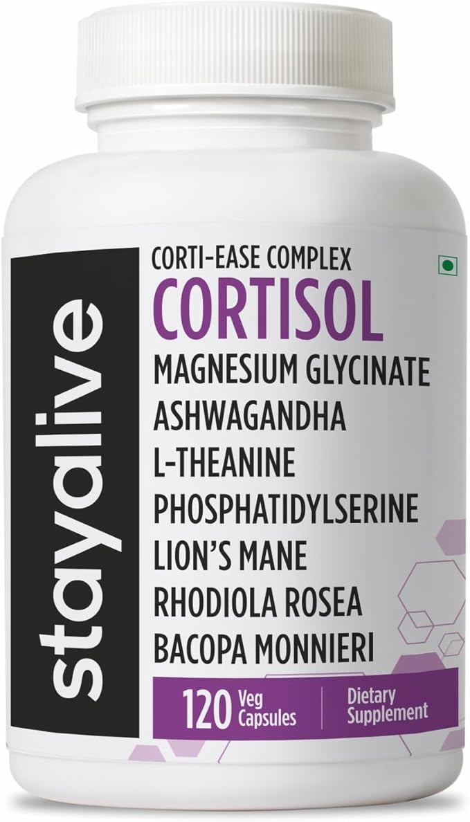 STAY ALIVE Cortisol Manager Supplement 15-in-1 Complex w/L-Theanine Ashwagandha Magnesium Glycinate Phosphatidylserine and More 120 Veg Capsules Non-GMO &amp Gluten-Free Formula for Women and Me