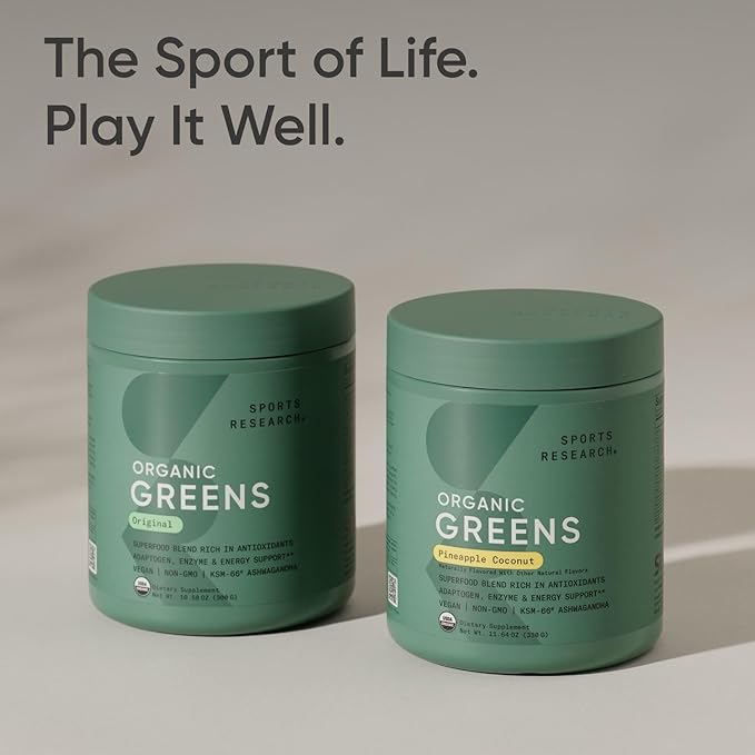 Sports Research® Organic Greens Superfood Powder w/Spirulina &amp Chlorella Adaptogens Enzymes Probiotics &amp 8 VIT Bs for Gut &amp Mood Support* - Vegan Sugar-Free &amp Low-Cal Original 30 S
