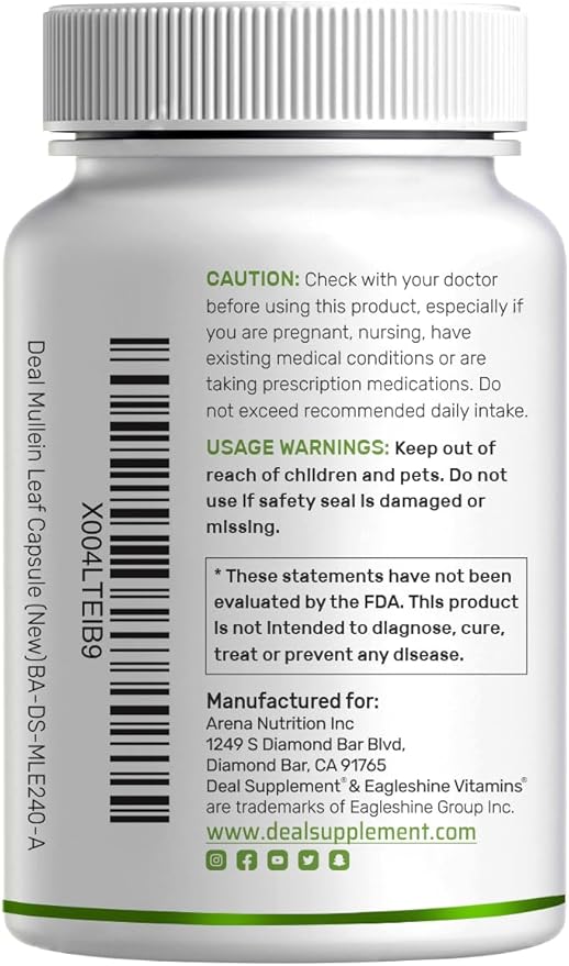 DEAL SUPPLEMENT Mullein Leaf Extract 240 Veggie Capsules – 4 Month Supply – Non-GMO Vegan