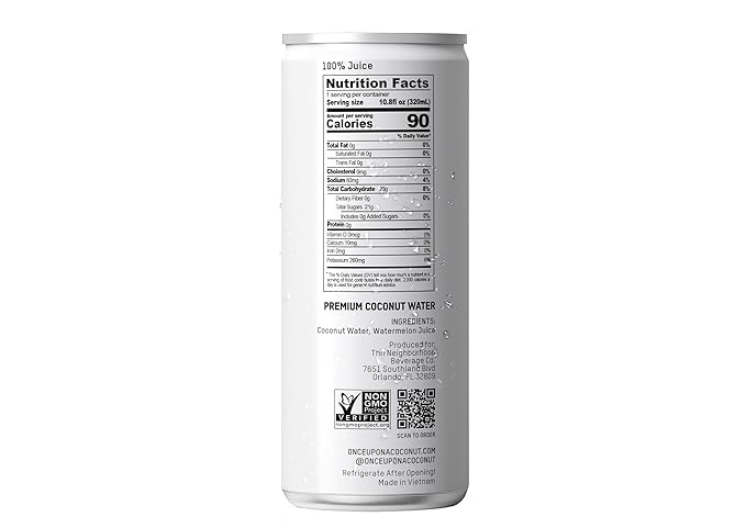 Once Upon a Coconut Premium Watermelon Coconut Water - Low Calorie All-Natural Drink with Electrolytes - Non-GMO - Gluten-Free -10.8 Fl Oz (Pack of 12)