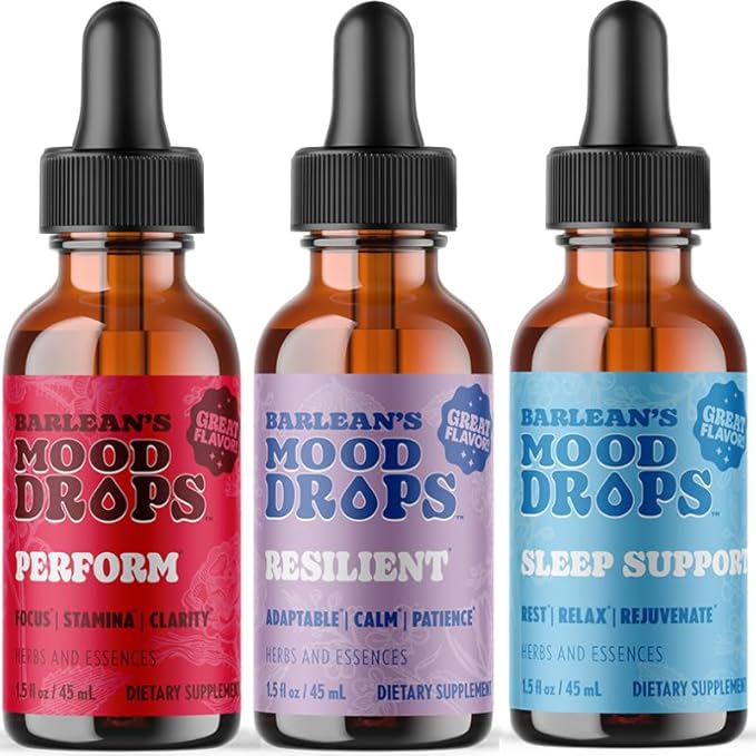 Barlean's Mood Booster Supplement Bundle Perform Resilient and Sleep Liquid Drop Supplements for Men and Women Adaptogen Herbs Drops 1.5 oz