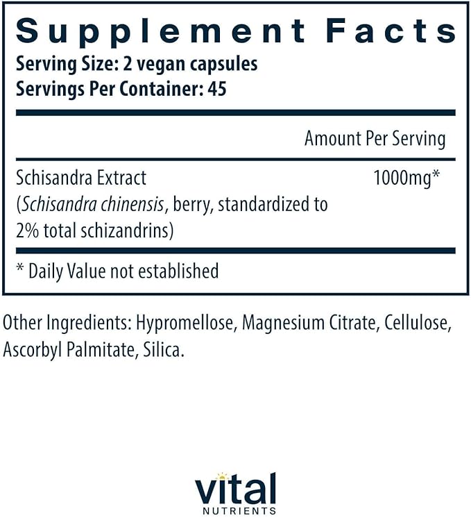 Vital Nutrients - Schisandra Extract - Liver Immune Energy and Endurance Support - 90 Vegetarian Capsules per Bottle - 1000 mg