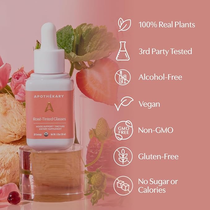 Apothékary Rosé-Tinted Glasses Supports a Balanced Mood and Focus Alcohol-Free Wine-Inspired Herbal Liquid Drops with Schisandra Berry &amp Lion's Mane Mushroom Fast-Acting 1 fl oz 30 Servings