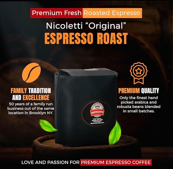Nicoletti Coffee Espresso Roast Beans 5lb(Made in Brooklyn NY since 1972) Fresh Roasted Espresso beans with Date Stamp.