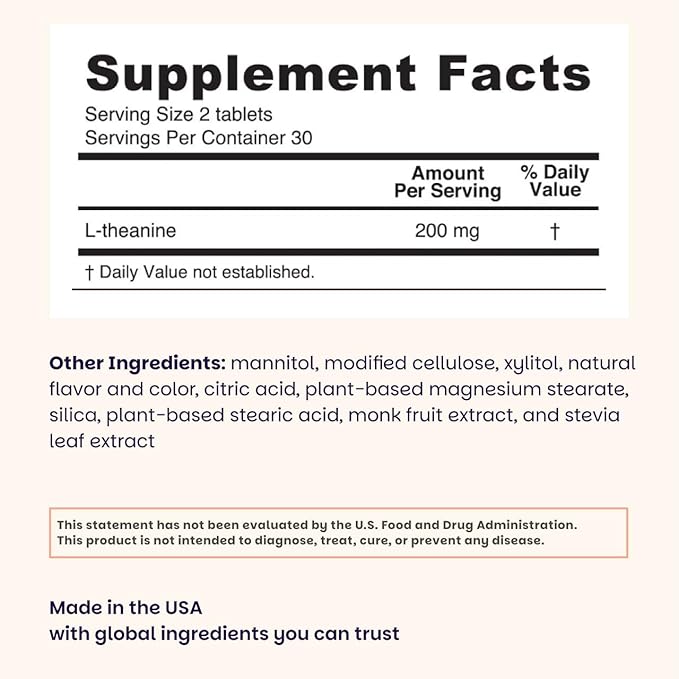EZ Melts L-Theanine 200 mg - Stress &amp Relaxation Support Supplement - No Artificial Flavors - No Drowsiness - Non-GMO &amp Vegan - Sweet Cherry - 60 Dissolvable Tablets (30 Servings)