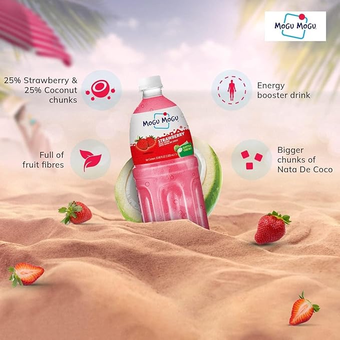 Mogu Mogu Strawberry Juice with 25% Nata De Coco 1000ml (12 Pack)