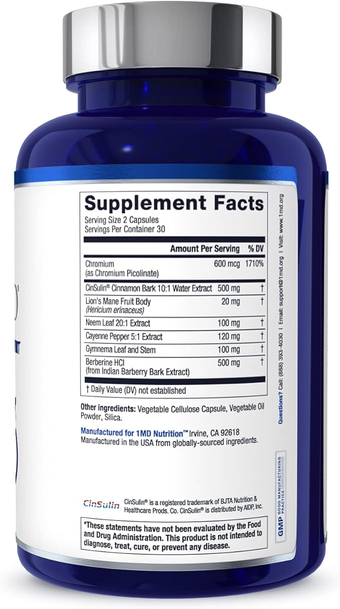 1MD Nutrition - Cinnamon bark 10:1 Water Extract Chromium Neem Leaf Berberine Cayenne Pepper 5:1 Extract Lion's Mane Gymnema Leaf and Stem - 60 Capsules