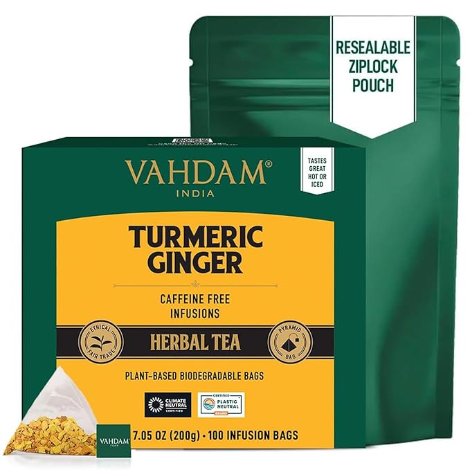 VAHDAM Organic Turmeric Ginger Herbal Tea Bags (100 Pyramid Tea Bags) Caffeine Free Non GMO | 100% Pure Herbal Blend - Savory &amp Spicy Plant-Based Teabags | Resealable Ziplock Pouch