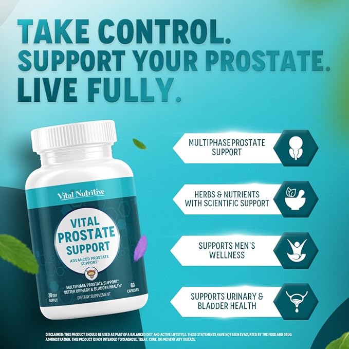 Vital Prostate Support Supplement for Men – Multiphase Herbal Formula with Saw Palmetto Beta-Sitosterol &amp Zinc – Urinary Flow Bladder Comfort &amp Prostate Health Supplements for Men – 30 Days