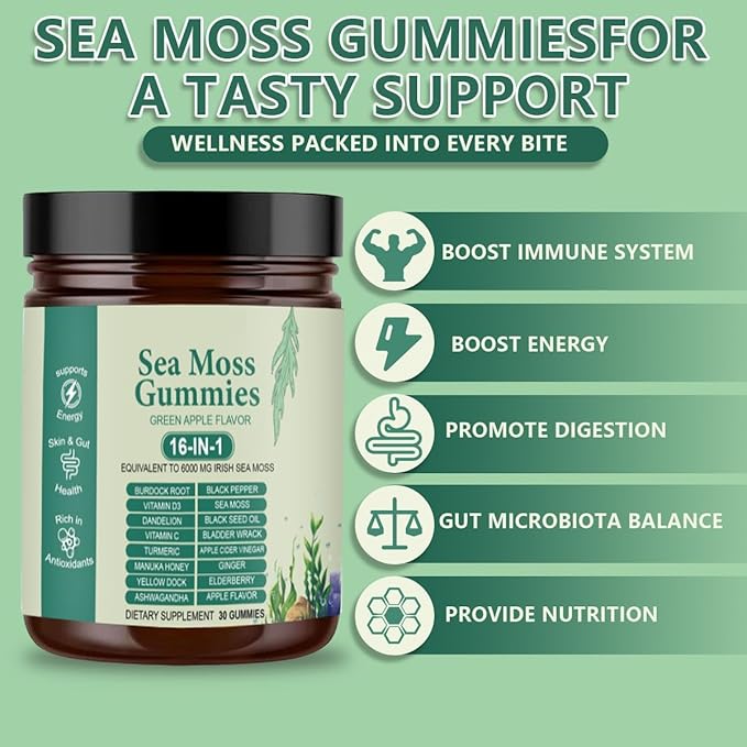 Sea Moss Gummies 16-in-1 with Black Seed Oil Ashwagandha 30 Servings Irish Seamoss Gummies Boosts Immune Support Wellness and Digestion