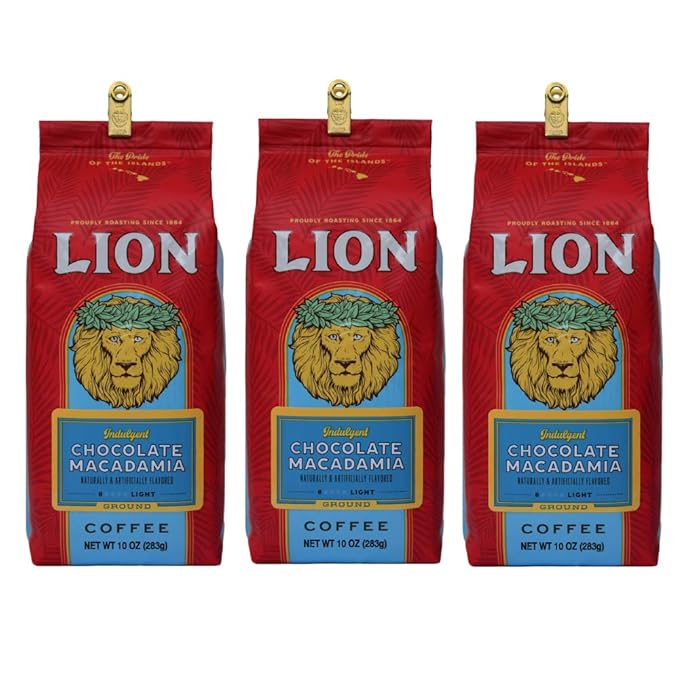 Lion Coffee 3-Pack Chocolate Macadamia Flavored Ground Coffee Light Roast Hawaiian Inspired Taste - 10 Ounce Bags (Pack of Three)
