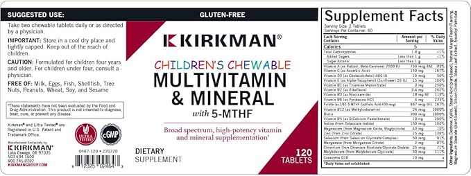 Kirkman - Children's Multivitamin &amp Mineral - 120 Capsules - with 5-MTHF - Potent Broad Spectrum Vitamin/Mineral Supplement - Hypoallergenic