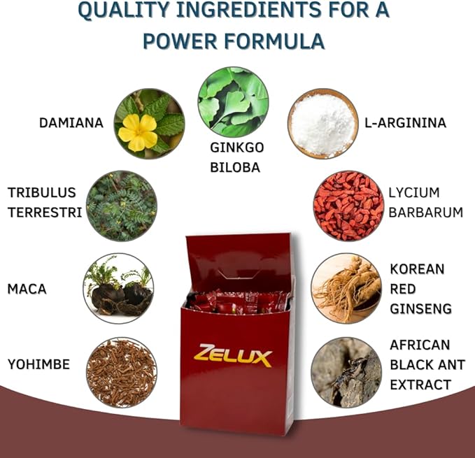 Zelux Supplement Box 8 Sachets - Booster for Vitality &amp Performance - Natural Stamina - Energy Support - Natural Ingredients Damiana Tribulus Terrestri Ginkgo Biloba Maca Korean Red Gingseng