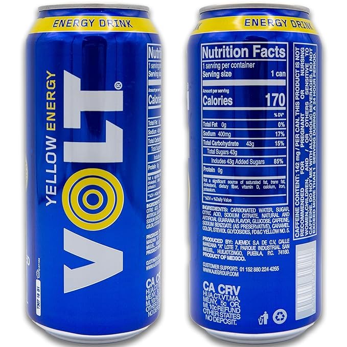 VOLT Energy Drink Mixed Pack – 16 fl. oz. (6-Pack) – 4 Cans of Guarana Yellow &amp 2 Cans of Blueberry Blue
