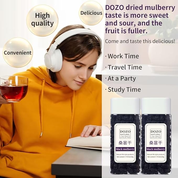 DOZO Dried Black Mulberries 15.5oz/440g Black Mulberry Large Sun-dried Mulberries Vegan Snack＆Baking No sugar add 桑葚干 黑桑葚