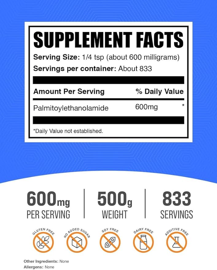 BulkSupplements.com Palmitoylethanolamide Powder - Pea Supplement Palmitoylethanolamide for Immmune Support - Gluten Free 600mg per Serving 500g (1.1 lbs) (Pack of 1)