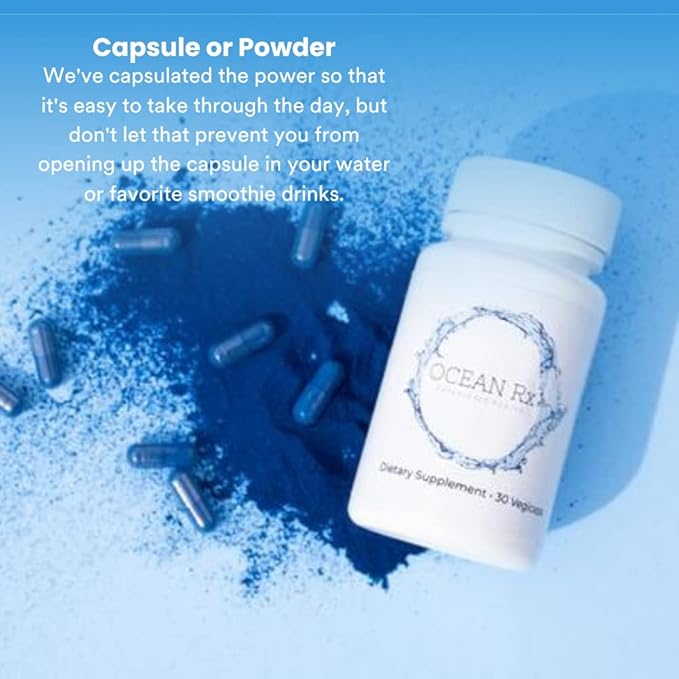 Organic Pure Blue Spirulina Capsules | Natural Superfood | Prebiotic Phycocyanin Supplement | Healty Skin Oral Health &amp Wound Recovery | 30 Serving Bottle
