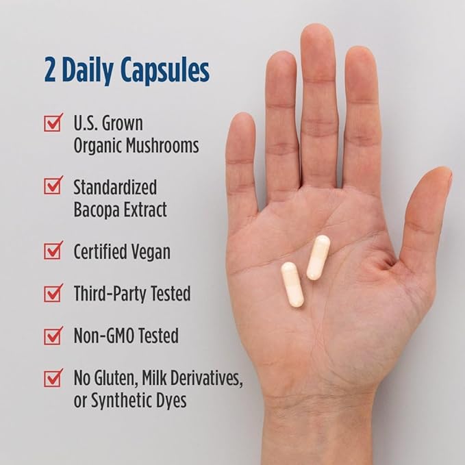 Nordic Naturals Cognition Mushroom Complex Unflavored - 60 Capsules - Brain Memory &amp Mood Support - Blend of Lion’s Mane Mushroom &amp Bacopa Extract - Non-GMO - Certified Vegan - 30 Servings