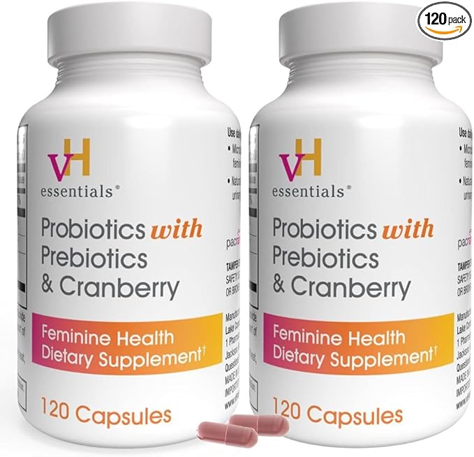 vH essentials Probiotics for Women with Prebiotics Cranberry &amp Vitamin C – 120 Capsules -2 Pack – Vaginal Probiotics Support Gut Balance Vaginal Health &amp Urinary Tract Health for Women