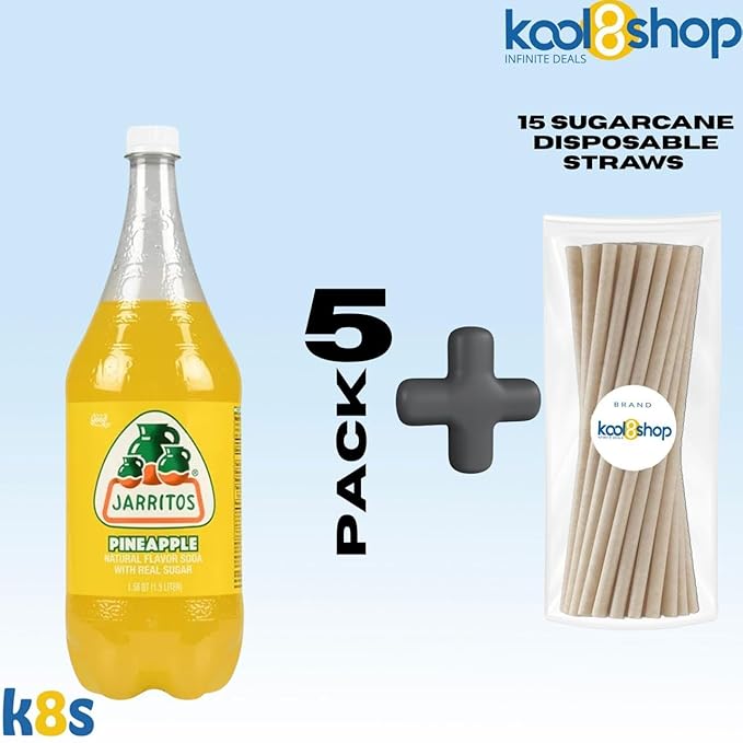 Jarritos Pineapple Mexican Soft Soda Drink 1.5 Lt Plastic Bottles 5 Pack + 15 Sugarcane Disposable Straws by KOOL8SHOP Infinite Deals