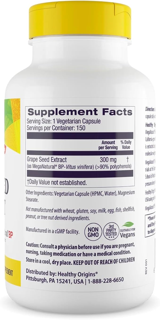 Healthy Origins Grape Seed Extract 300 mg (MegaNatural BP Non-GMO California-Grown Gluten Free Supports Healthy Blood Pressure) 150 Veggie Caps
