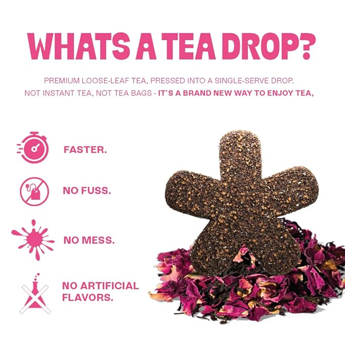 Tea Drops Rose Earl Grey Tea With Organic Rose Petals | Organic Bagless Loose Leaf | Prebiotic Nutrient Rich Caffeinated | Iced or Hot | 2 Pack - 20 Drops Total