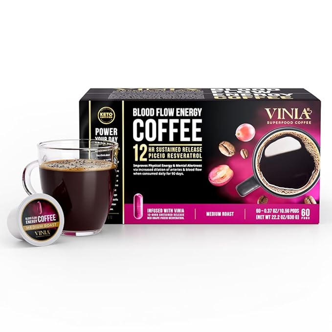 VINIA Medium Dark Roast Coffee with Red Grape Piceid Resveratrol Nitric Oxide for Heart Health Alertness Physical Energy &amp Blood Flow Circulation. 60ct K-Cup Pods