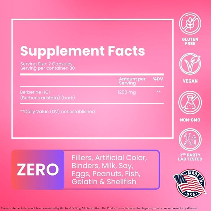 Berberine HCl 1200mg – High Potency Supplement for Blood Sugar Insulin &amp Weight Management – Non-GMO Gluten-Free Vegan Capsules – Heart &amp Metabolism Support Made in USA – 60 Count