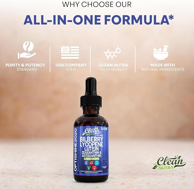Clean Nutra Lutein and Zeaxanthin Eye Vitamins Supplement Lycopene Astaxanthin Bilberry Liquid Drops | Organic Astaxanthin Daily Lutein for Eyes Health Support Vitamin Minerals Extract | 60 Servings