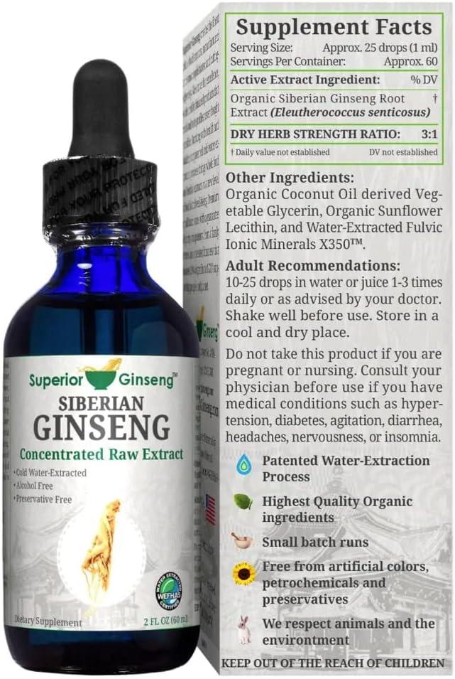 Siberian Ginseng Root Extract - Organic Ingredients &amp Alcohol Free - 2oz - Patented Cold Fulvic Mineral Water Extracted - Adaptogen - Immune Support for People &amp Pets
