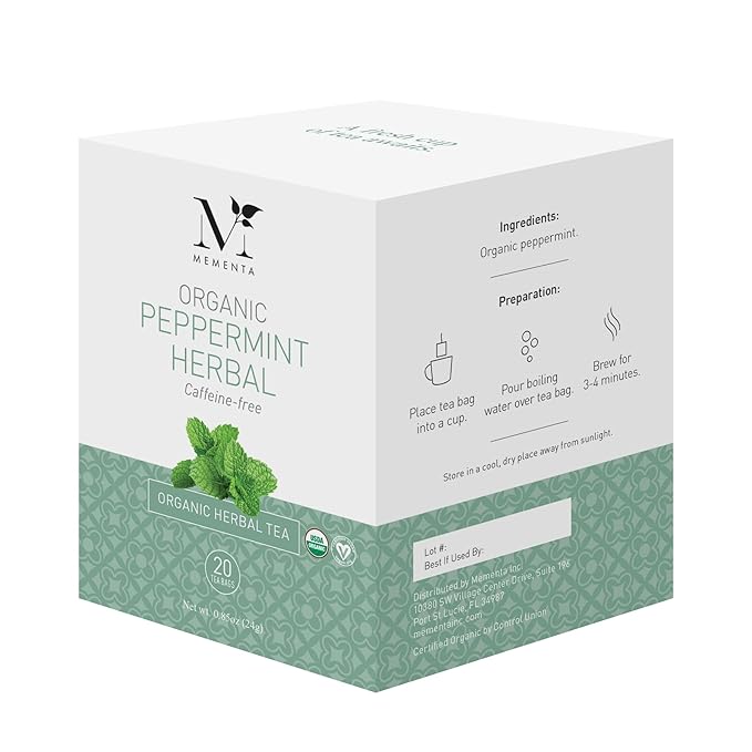 Mementa Inc Organic Herbal Peppermint Tea Bags - Caffeine Free Herbal Tea 20-Count (Pack of 6) - Refreshing and Soothing Mint Flavor USDA Certified Organic Perfect for Relaxation