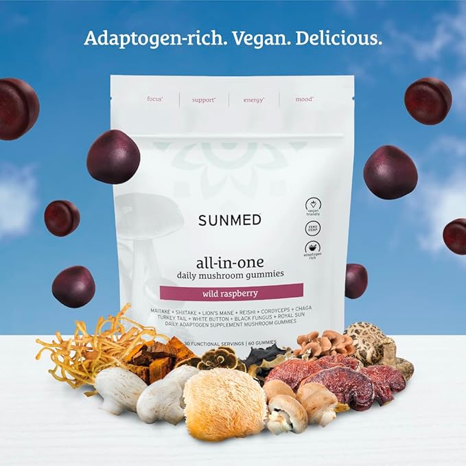 SUNMED All-in-One Mushroom Gummy Supplements for Focus Energy Mood &amp Immune Support – 10 Functional Mushrooms (Lion’s Mane Reishi Cordyceps Chaga) | Wild Raspberry Flavor 60ct