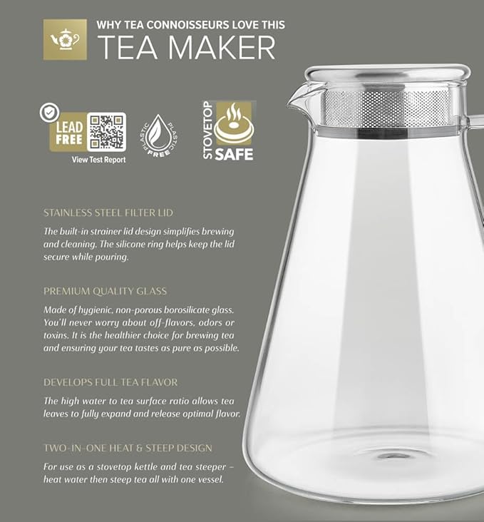 Teabloom One-Touch Tea Maker 2-in-1 Teapot and Kettle with Stainless Steel Filter Lid for Loose Tea – Stain-free Borosilicate Glass Teapot (56 Oz) – Tea Connoisseur's Choice