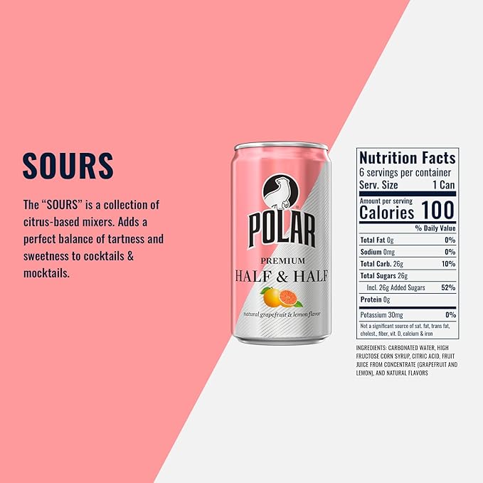 POLAR Half and Half (Grapefruit &amp Lemon) - 24pk 7.5oz Cans | Perfect Blend of Refreshing Citrus | Versatile Mixer for Cocktails and Mocktails