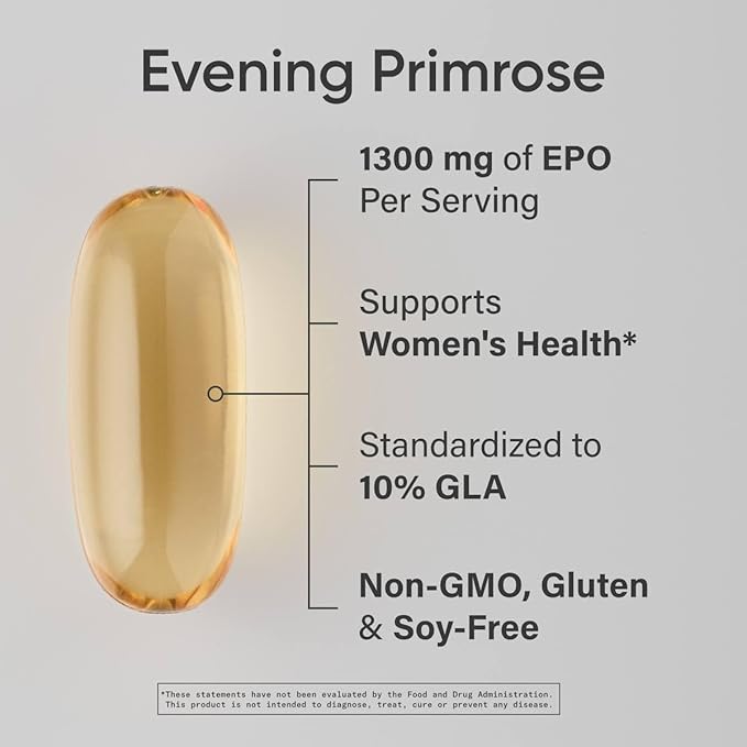 Sports Research Evening Primrose Supplement from Cold Pressed Oil - Softgels for Women’s Health &amp Skin Health - Gluten Free &amp Non-GMO GLA - High Potency 1300mg 120 Count