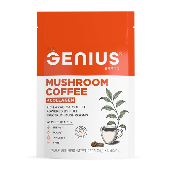 The Genius Brand Organic Mushroom Coffee + Collagen - Daily Energy Support - Healthy Immune Function - Arabica Coffee with Cordyceps Reishi &amp Lion's Mane Mushroom Blend - 10.6 oz (30 Servings)