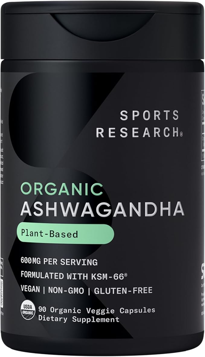 Sports Research® Organic Ashwagandha – Adaptogen for Relaxation Calm &amp Sleep Support – Made with Organic KSM-66® – 600 mg – Non-GMO Verified Gluten-Free Certified Vegan – 90 Veggie Capsules