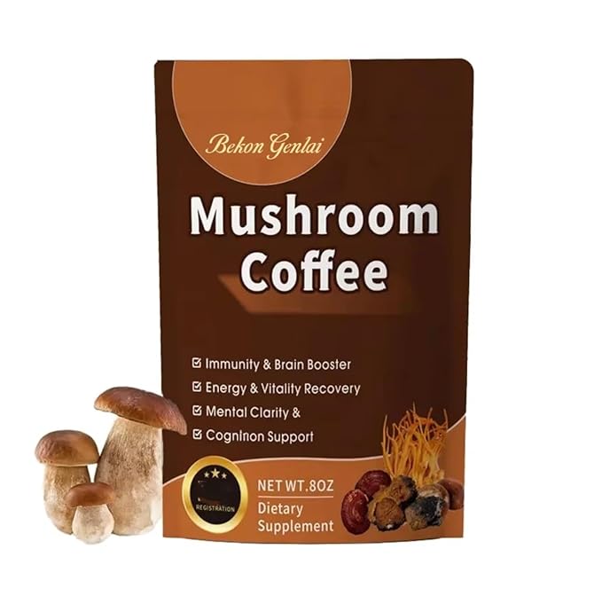 Bekon Genlai Mushroom Coffee – 2000mg Functional Mushroom Blend with Lion’s Mane Reishi Cordyceps Shiitake Turkey Tail &amp King Trumpet – Instant Arabica Coffee – Focus Immunity &amp Energy Su