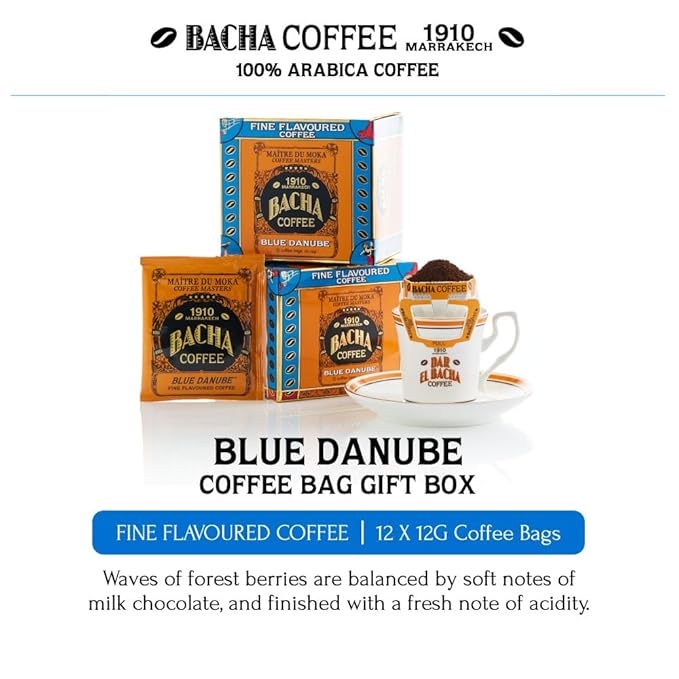 Bacha Coffee | Blue Danube Fine Flavoured Medium Roast 100% Arabica Specialty Coffee 12 Coffee Drip Bags Gift Box