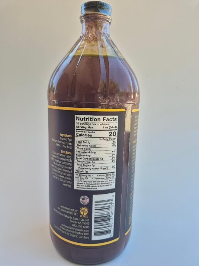 Organic Only ACAI 100% Pure Juice 32oz (1qt) Vitamin Antioxidant &amp Omega Rich Liquid Fruit Puree 30g of Whole Superfruit Per Serving Gluten-Free Vegan Non GMO in GLASS Bottle AYSFH