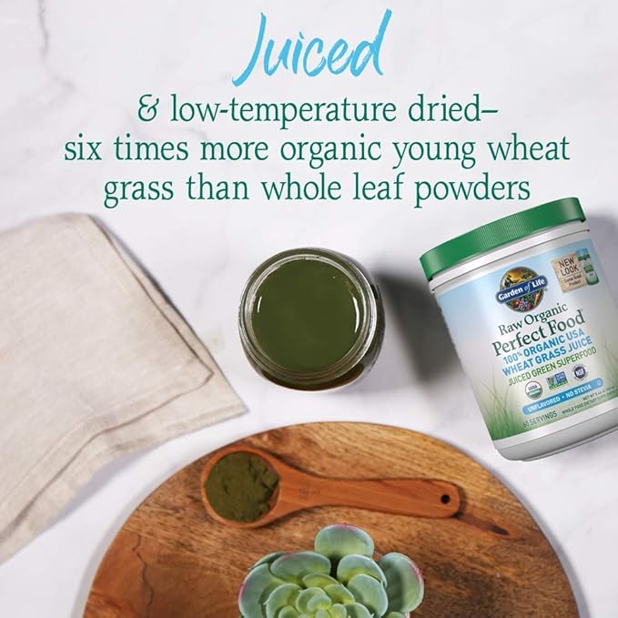 Garden of Life Raw Organic Perfect Food 100% Organic USA Wheat Grass Juice - Juiced Green Superfood Greens Powder 60 Servings - Stevia-Free Non-GMO Vegan Gluten Free Whole Food Dietary Supplement