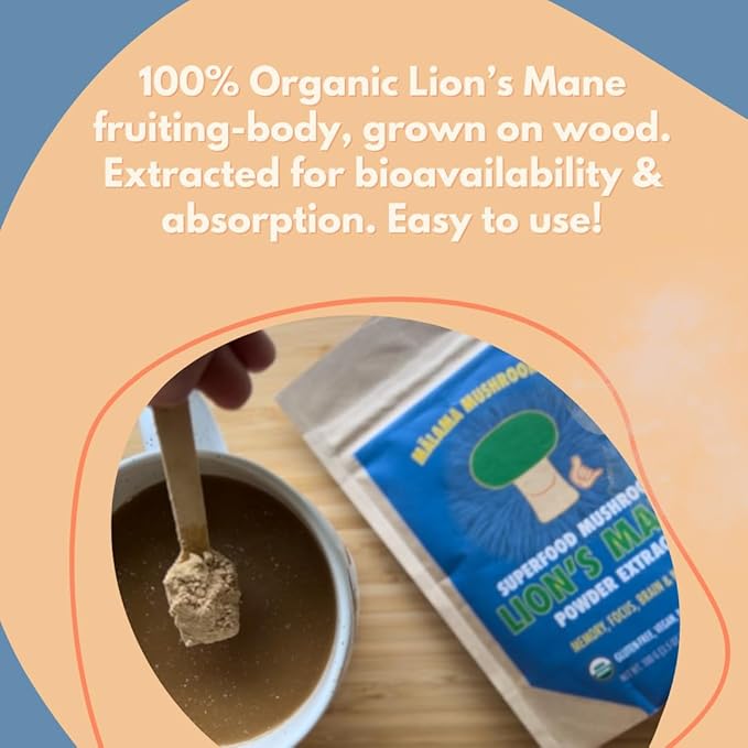 Lion's Mane Extract Powder by Malama Organic Fruiting Body Lions Mane Mushroom Powder Superfood Adaptogenic Supports Memory Focus Brain &amp Nerves