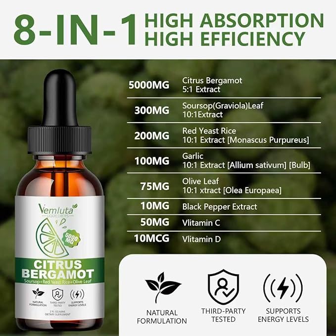 2 Packs 5000mg Citrus Bergamot Liquid Drops-2X Absorption- Cholesterol Lowering Supplement w Soursop Red Yeast Rice Olive Leaf Hight Cholesterol -Soursop Bitters Liquid-Heart &amp Immune Support