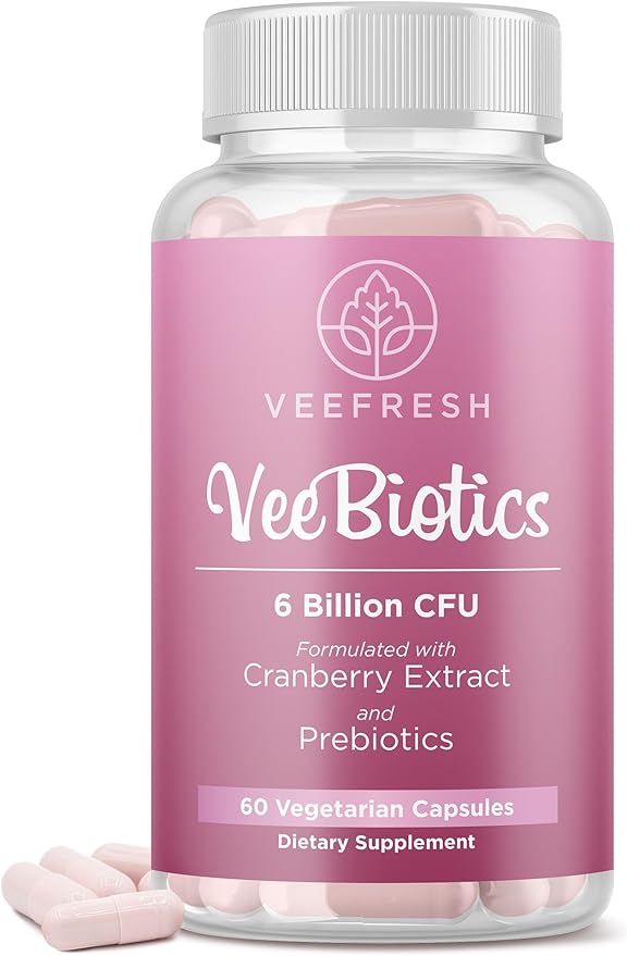 VeeFresh VeeBiotics Cranberry Probiotics for Women - 60 Capsules Women's Probiotics with Prebiotics &amp Cranberry Extract for pH Balance &amp Odor Control Promotes Healthy Vaginal Flora &amp Over