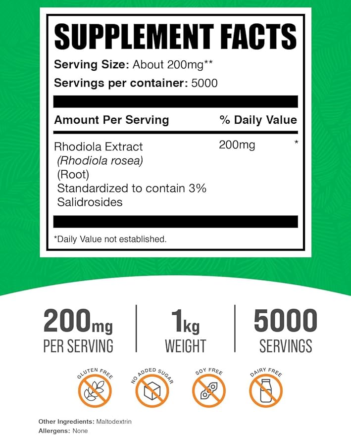 BulkSupplements.com Rhodiola Extract Powder - 3% Salidrosides Rhodiola Rosea Extract - Herbal Supplement Gluten Free 200mg per Serving 1kg (2.2 lbs) (Pack of 1)