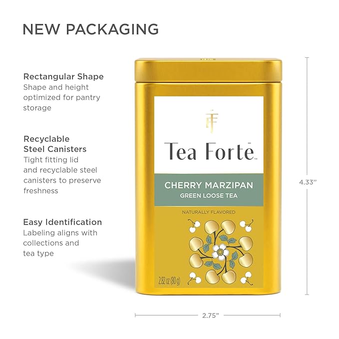 Tea Forte Cherry Marzipan Premium Loose Leaf Caffeinated Green Tea Blend Canister Makes 35-50 Cups