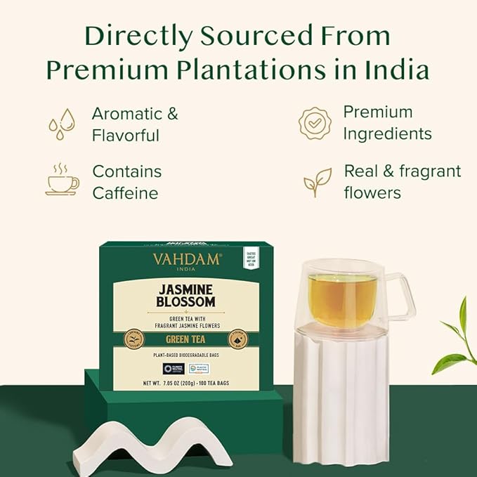 VAHDAM Jasmine Green Tea Bags (100 Count) Med Caffeine Non GMO | High Grown Green Tea Blended w/Pure Jasmine Flowers | Resealable Ziplock Pouch