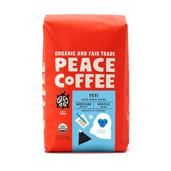 Peace Coffee Yeti Cold Brew Blend | 20 oz Medium Roast Whole Bean | Organic Fair Trade | Smooth Rich Flavor | Shade Grown Fresh Roasted